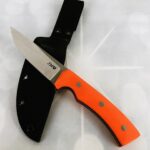 This handmade stalking knife is shown with a leather carrying case